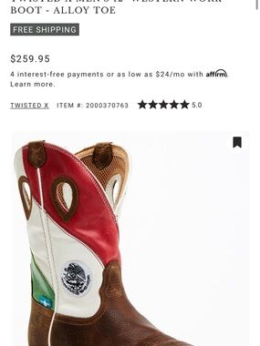 Twisted X Red, White, Brown & Green Western Work Boot men’s size 12EE